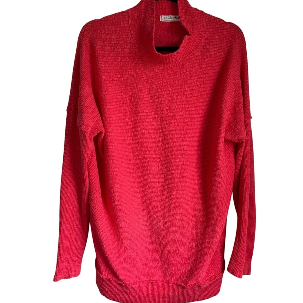 WE THE FREE People Coral Red Ribbed Mock Neck Oversized Tunic Top S Boho Comfy